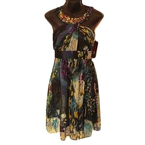 Miss Sixty Chiffon Watercolour Print Dress w/Bejeweled Neck NWT- Sz. 2